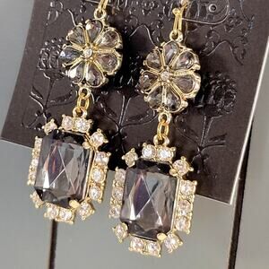 Gold Tone Dangle Earrings Gray Faceted Gem Crystal Border Drop 2.2" Nickel Free